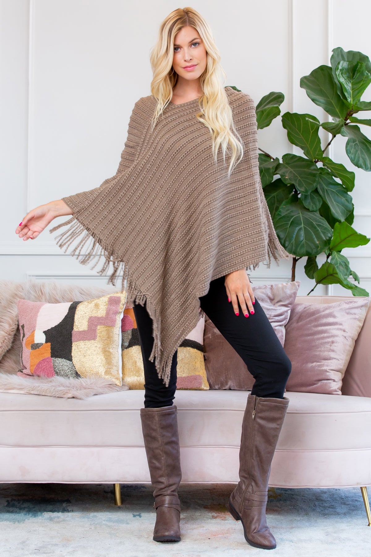 BEIGE KNITTED V PONCHO