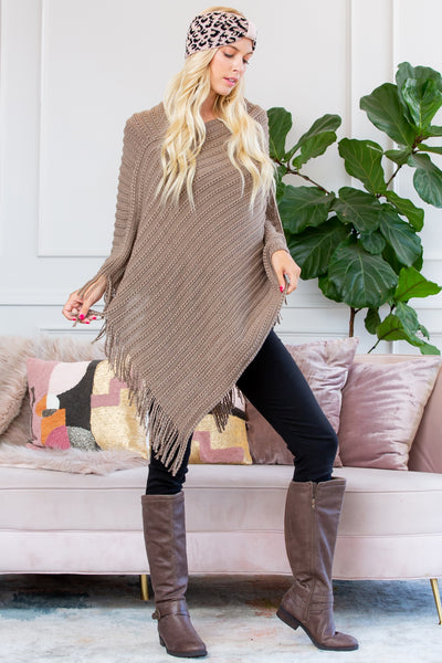 BEIGE KNITTED V PONCHO