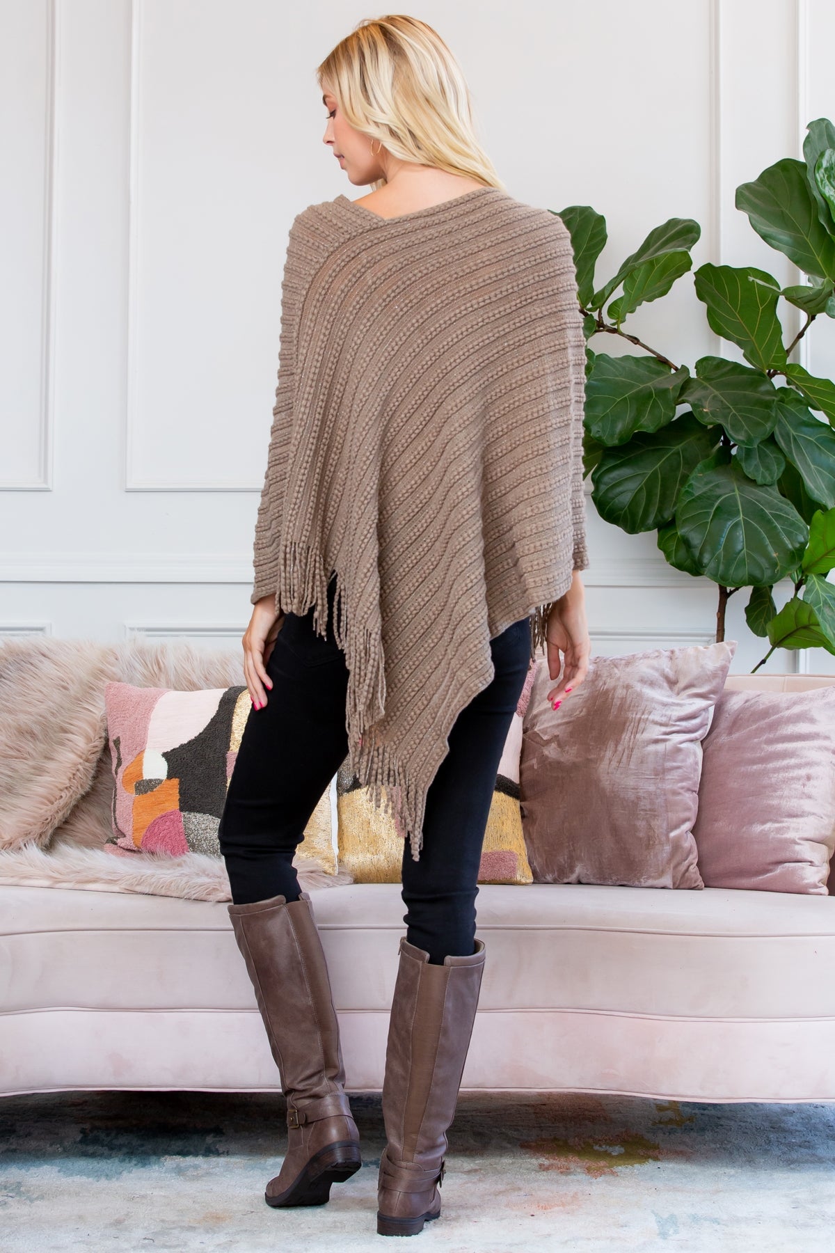 BEIGE KNITTED V PONCHO