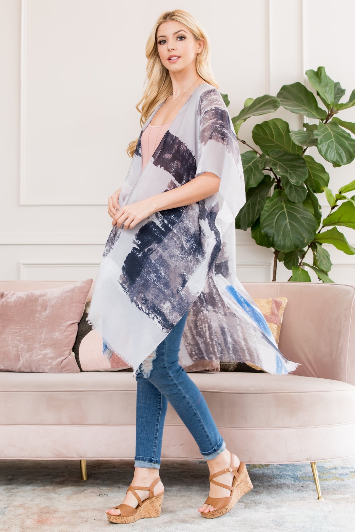 DISTRESSED PAINT OPEN FRONT KIMONO