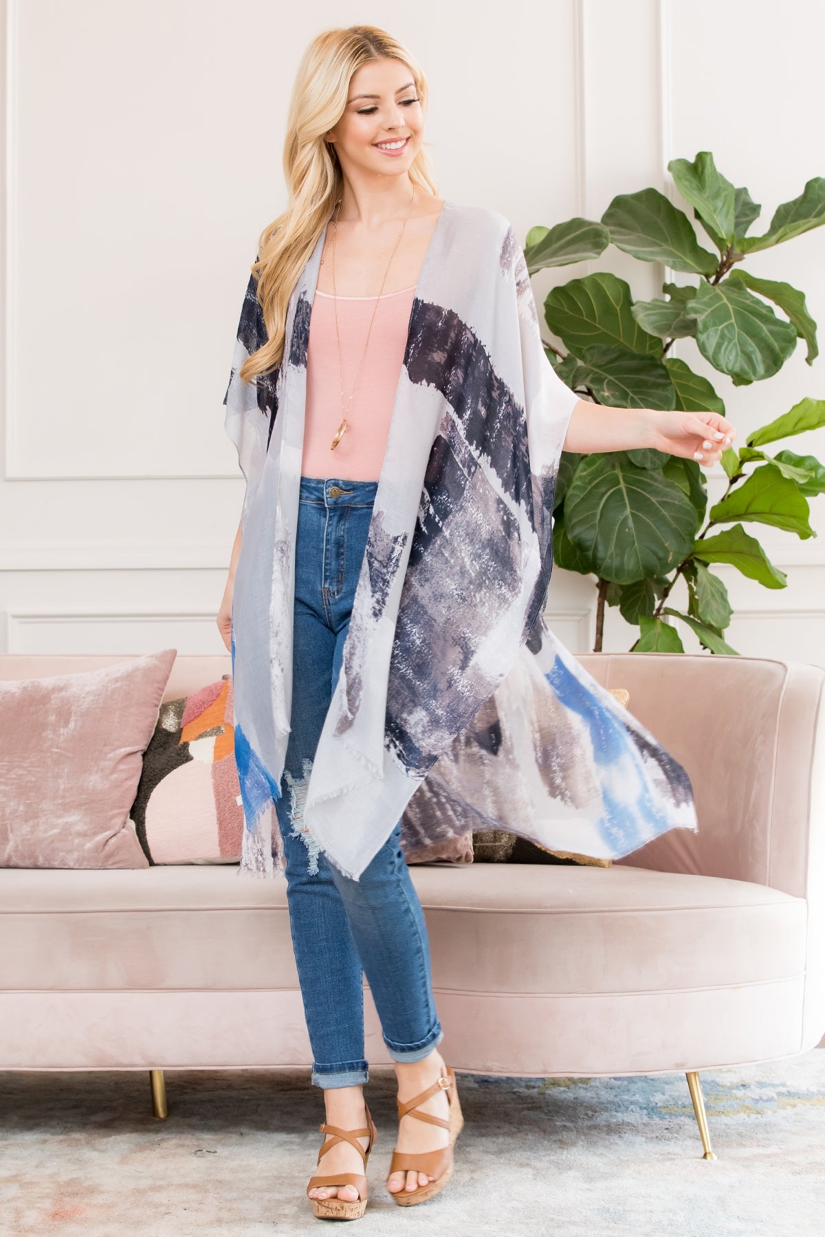 DISTRESSED PAINT OPEN FRONT KIMONO