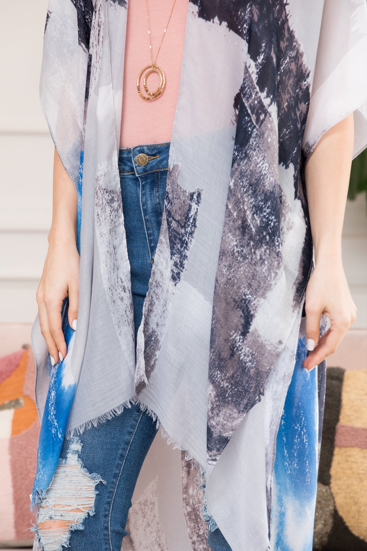 DISTRESSED PAINT OPEN FRONT KIMONO