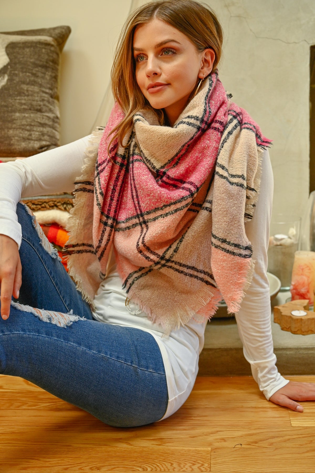 MULTI COLOR BLANKET FRINGED SCARF/6PCS