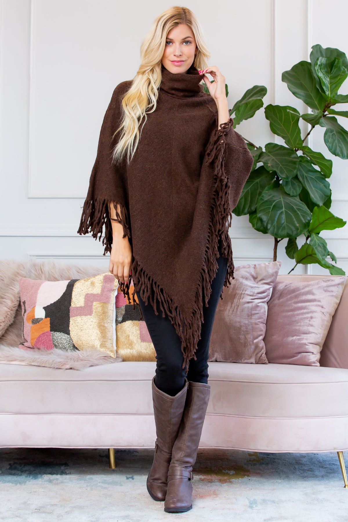 TURTLE NECK FRINGE PONCHO