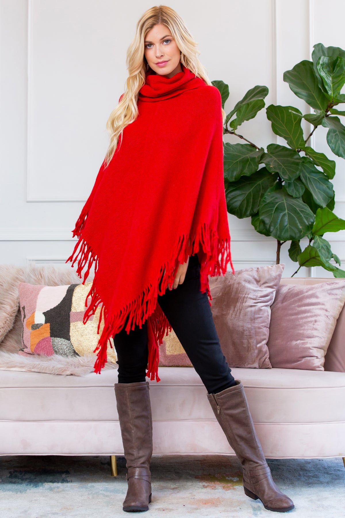 TURTLE NECK FRINGE PONCHO