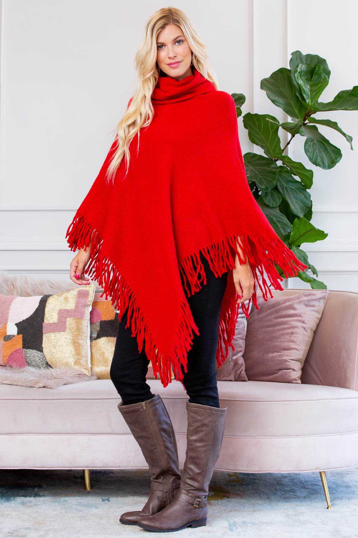 TURTLE NECK FRINGE PONCHO