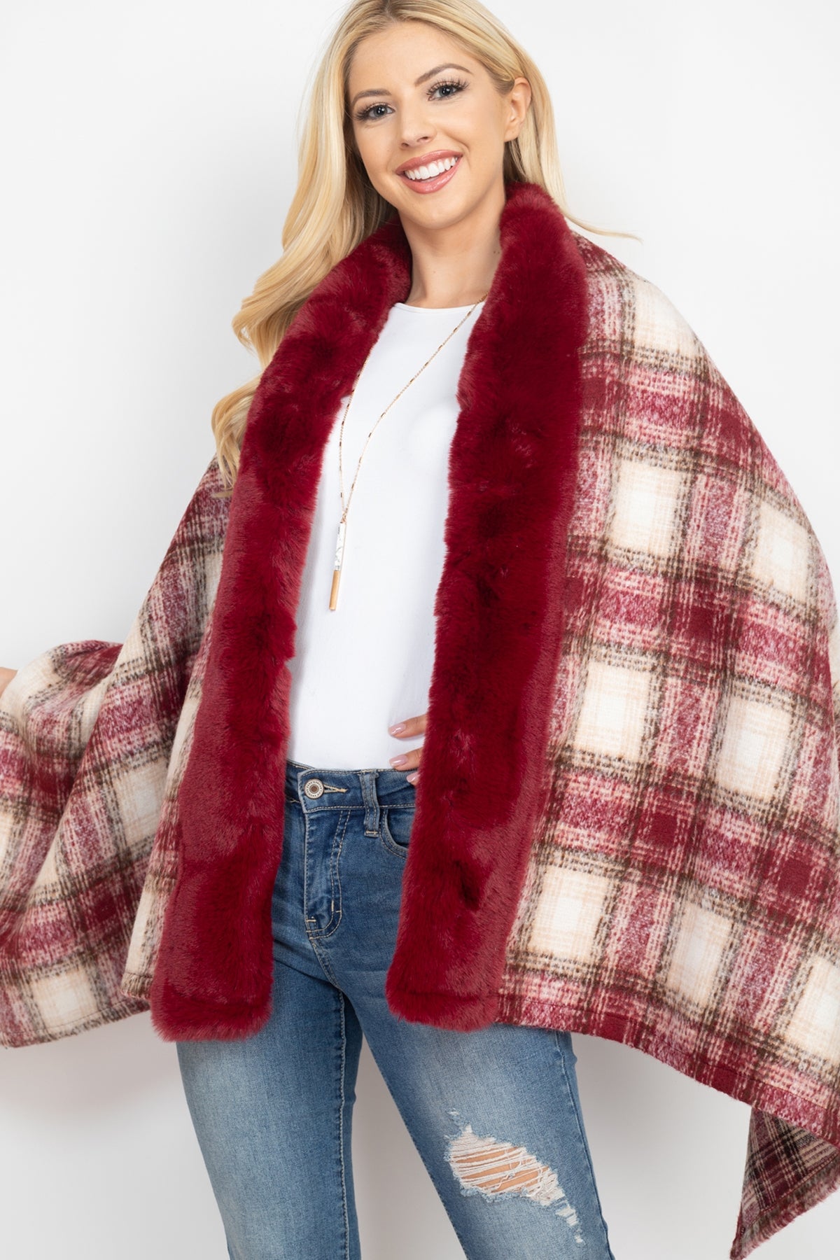 TRIM FUR PLAID RUANA WRAP SCARF