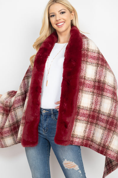 TRIM FUR PLAID RUANA WRAP SCARF