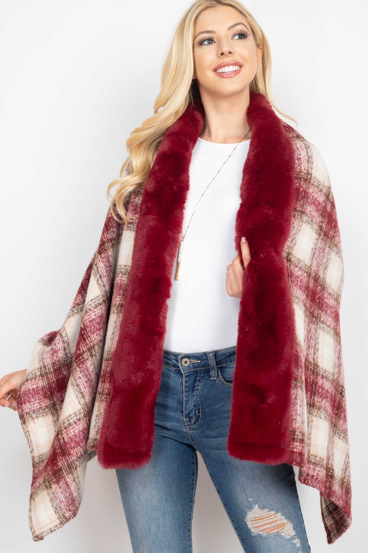 TRIM FUR PLAID RUANA WRAP SCARF