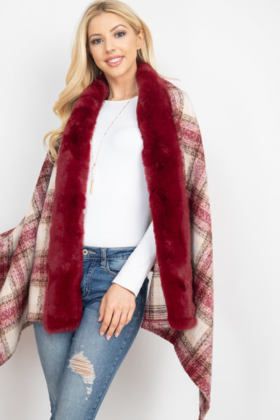TRIM FUR PLAID RUANA WRAP SCARF