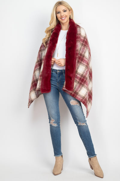 TRIM FUR PLAID RUANA WRAP SCARF