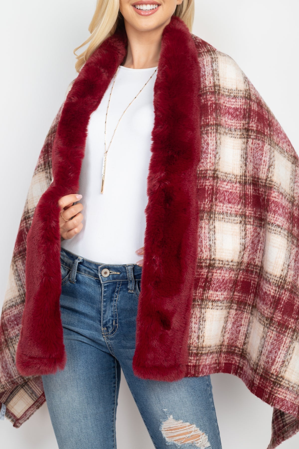 TRIM FUR PLAID RUANA WRAP SCARF