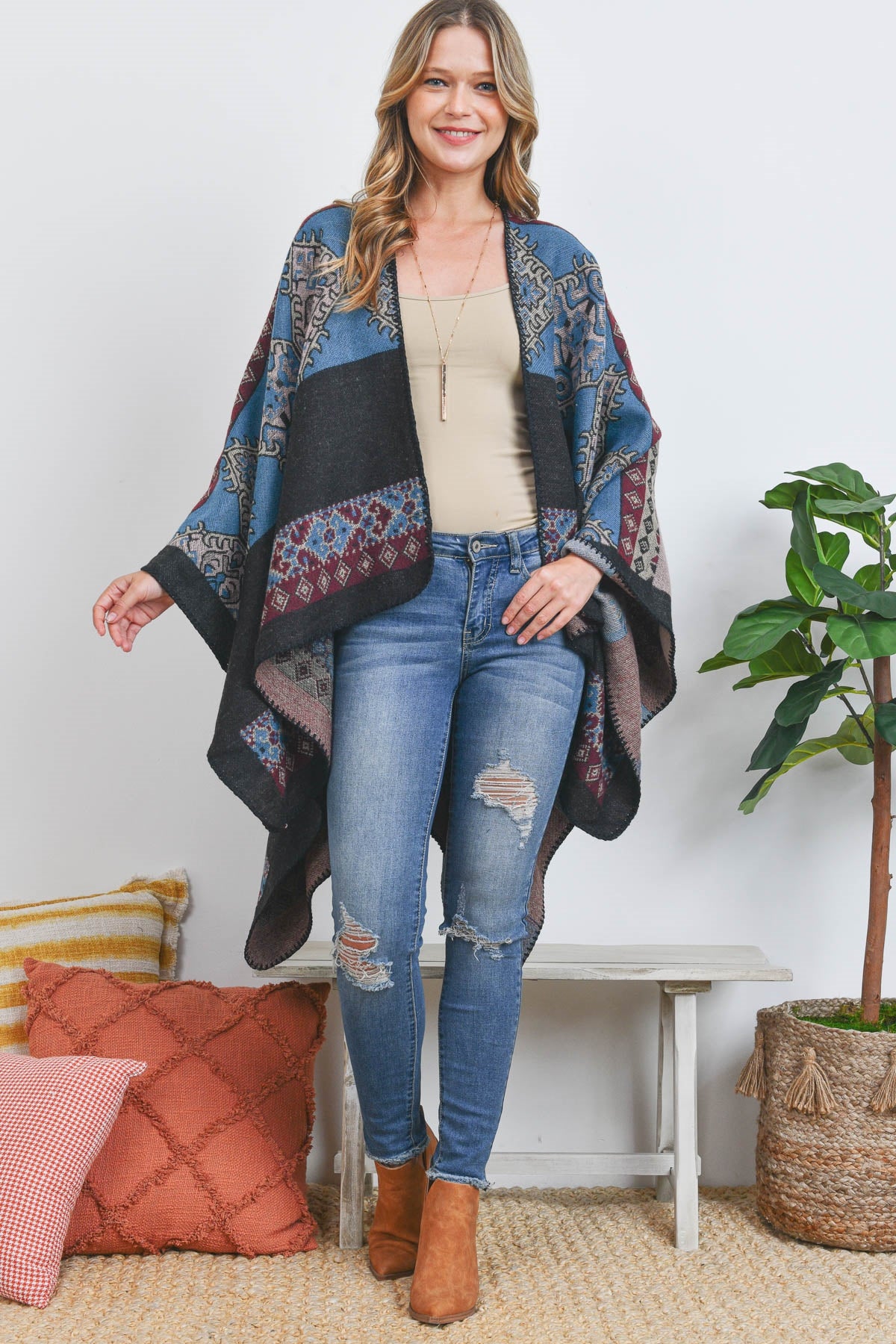 OPEN FRONT MORROCAN PRINT RUANA WRAP KIMONO – MYS Wholesale