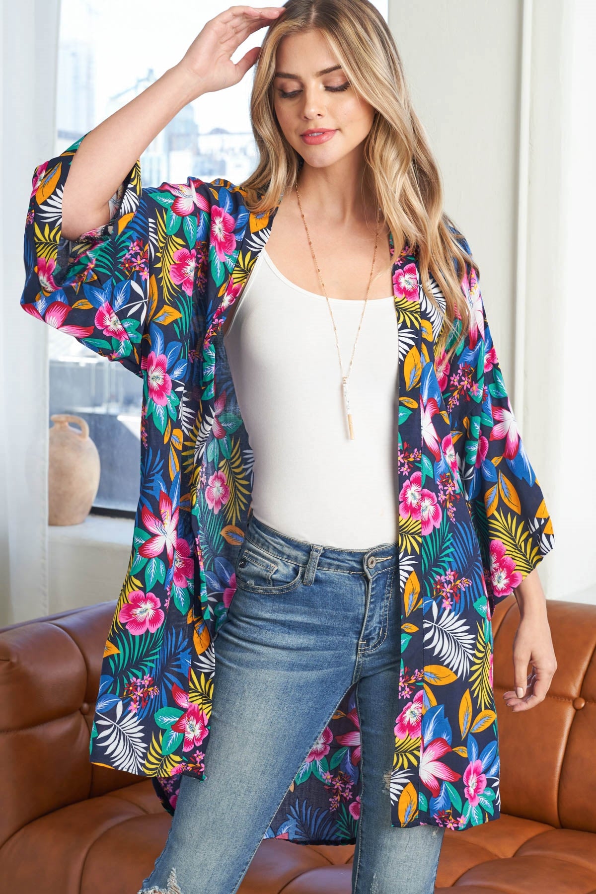 TROPICAL FLORAL PRINT OPEN FRONT BOHEMIAN KIMONO