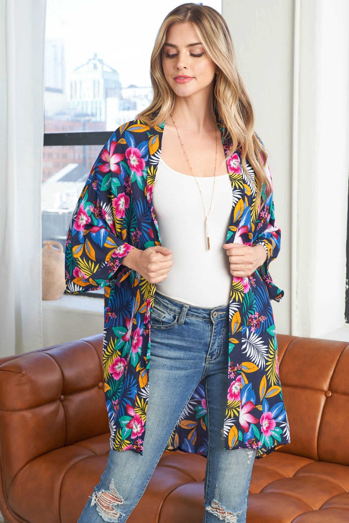 TROPICAL FLORAL PRINT OPEN FRONT BOHEMIAN KIMONO