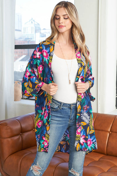 TROPICAL FLORAL PRINT OPEN FRONT BOHEMIAN KIMONO