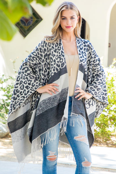 STRIPE LEOPARD FRINGE KIMONO WRAP