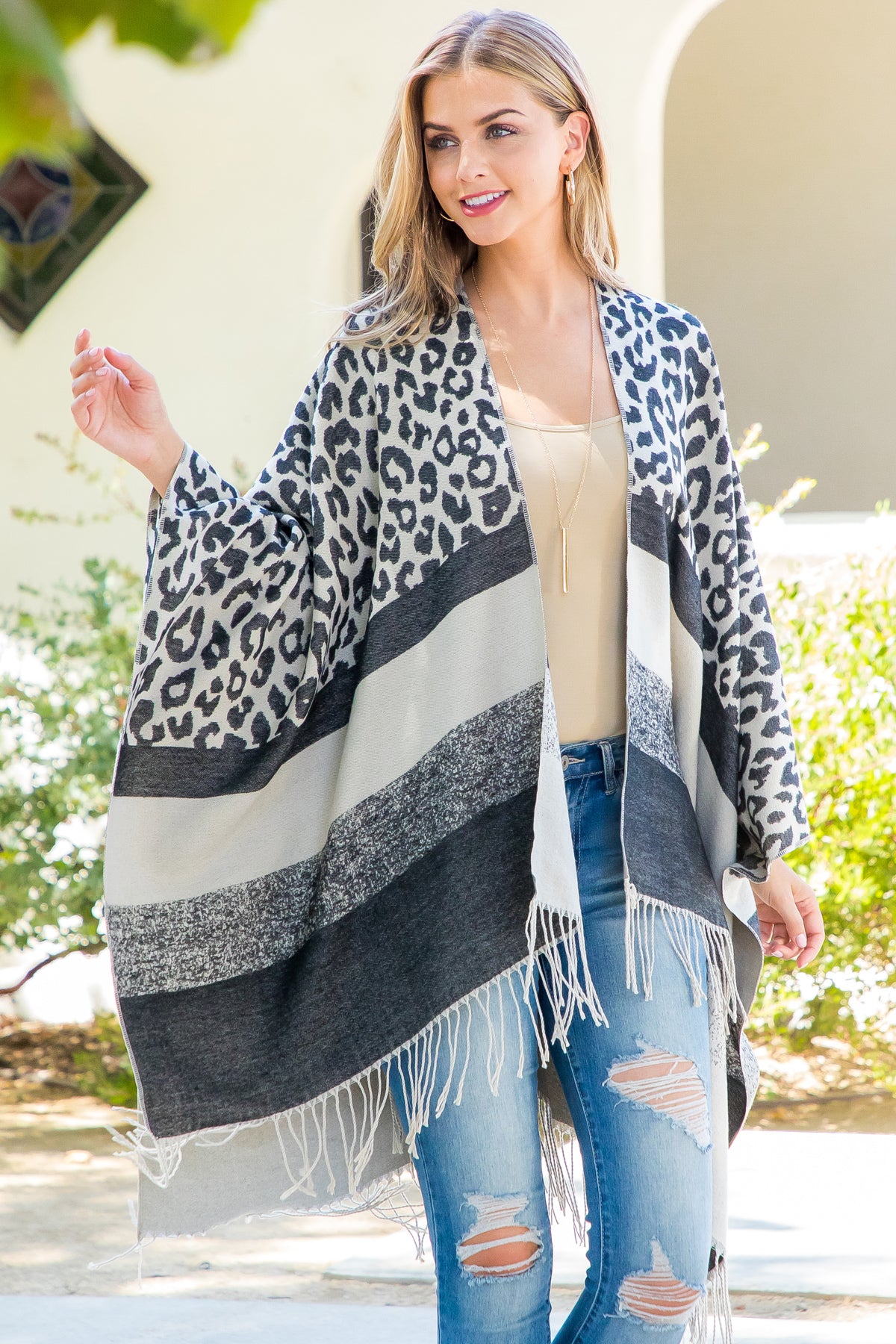 STRIPE LEOPARD FRINGE KIMONO WRAP