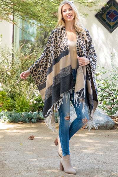 STRIPE LEOPARD FRINGE KIMONO WRAP