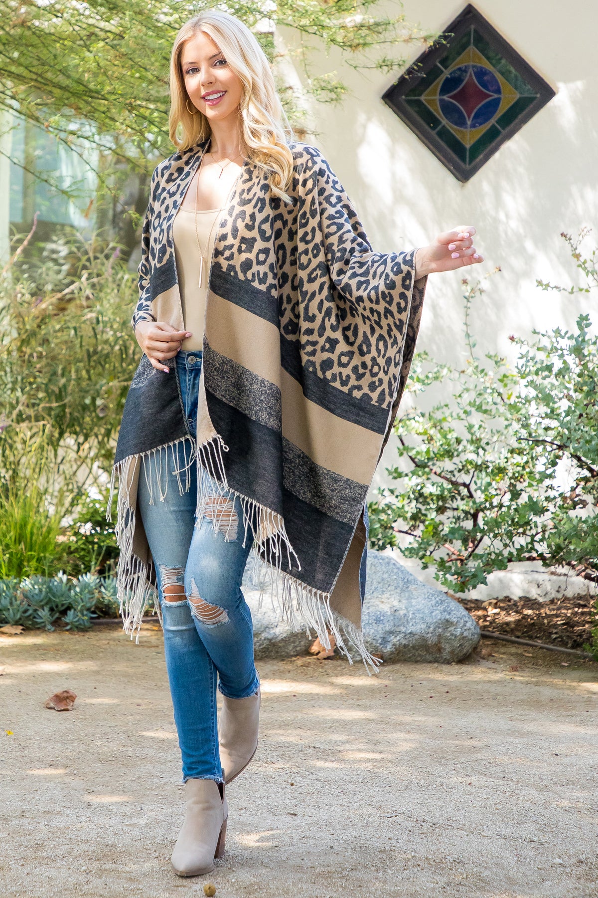 STRIPE LEOPARD FRINGE KIMONO WRAP