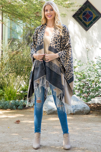 STRIPE LEOPARD FRINGE KIMONO WRAP