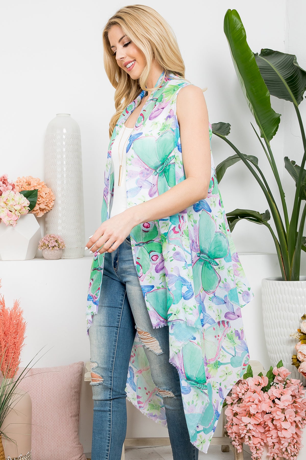 TROPICAL FLOWER PRINT OPEN FRONT KIMONO VEST/1PC (NOW $3.25 ONLY!)