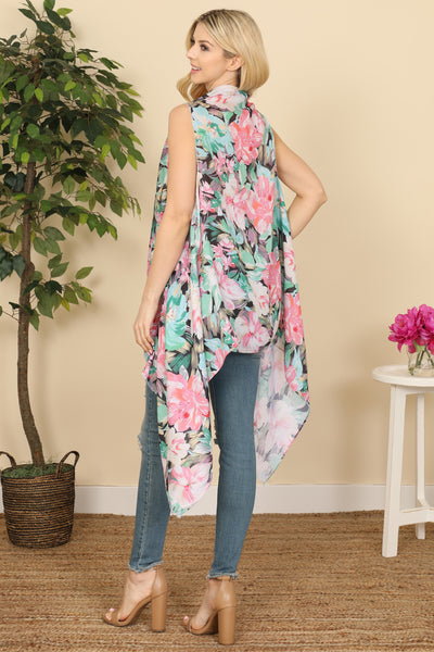 FLOWER PRINT OPEN FRONT KIMONO VEST