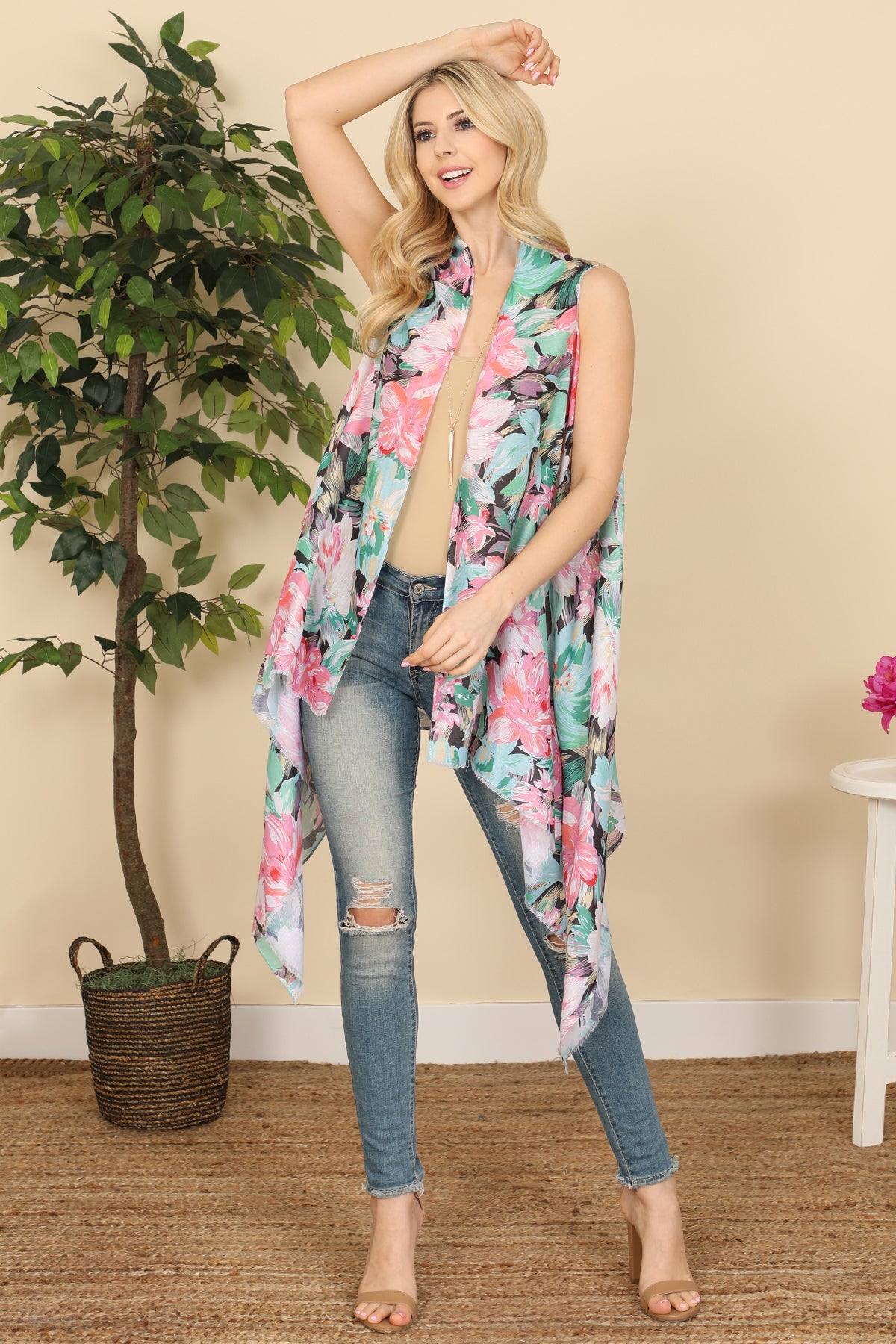 FLOWER PRINT OPEN FRONT KIMONO VEST