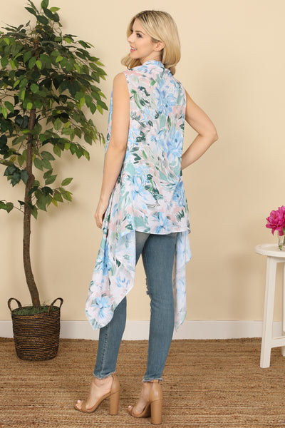 FLOWER PRINT OPEN FRONT KIMONO VEST