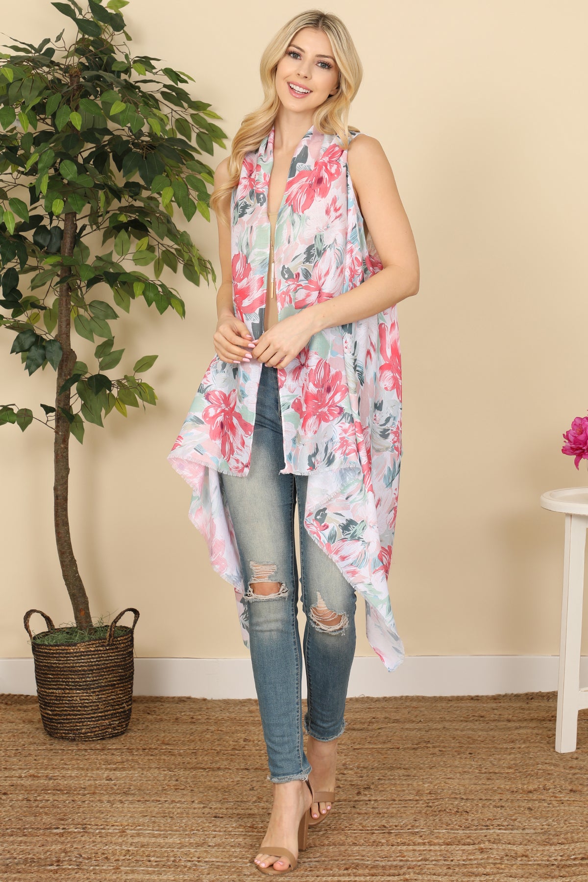 FLOWER PRINT OPEN FRONT KIMONO VEST