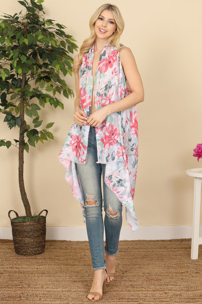 FLOWER PRINT OPEN FRONT KIMONO VEST