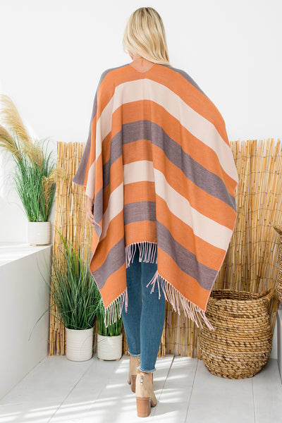 STRIPE PRINT OPEN FRONT FRINGE KIMONO