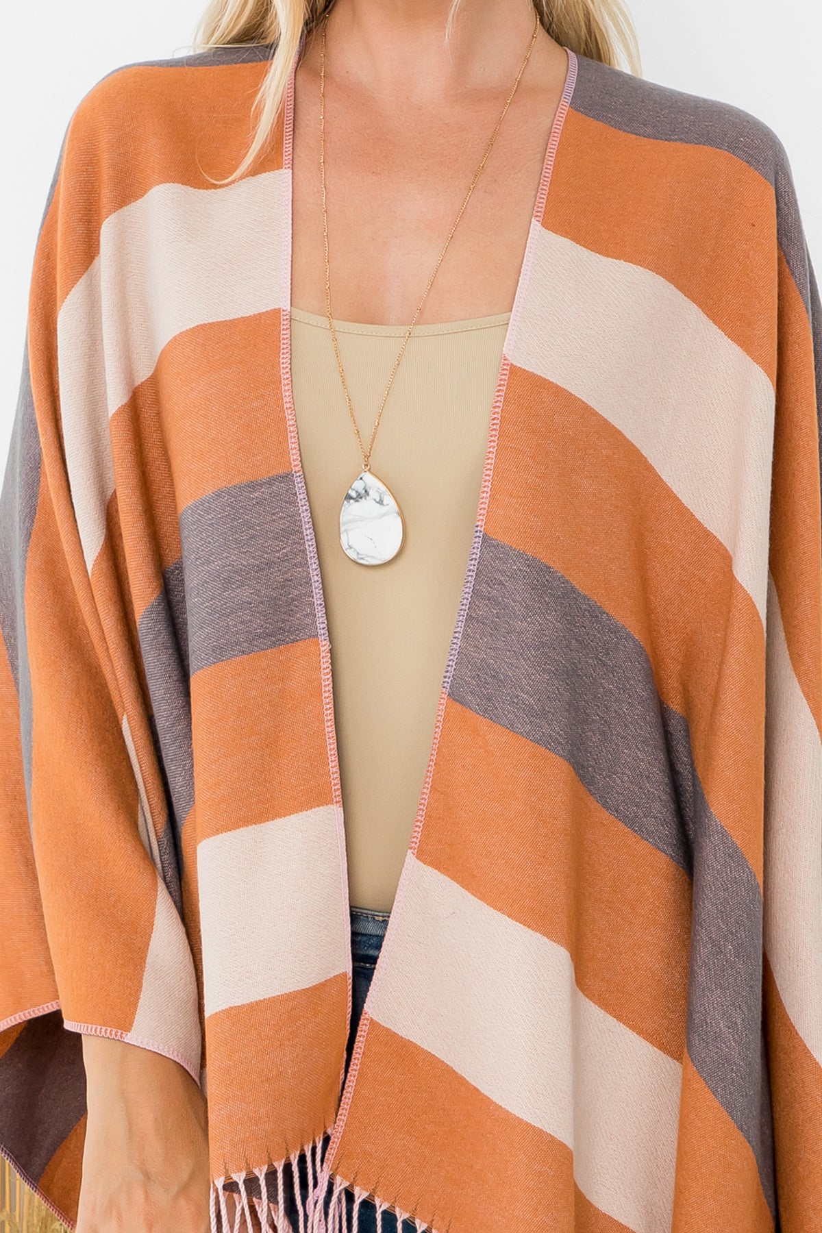 STRIPE PRINT OPEN FRONT FRINGE KIMONO