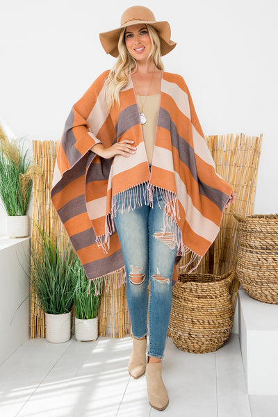 STRIPE PRINT OPEN FRONT FRINGE KIMONO