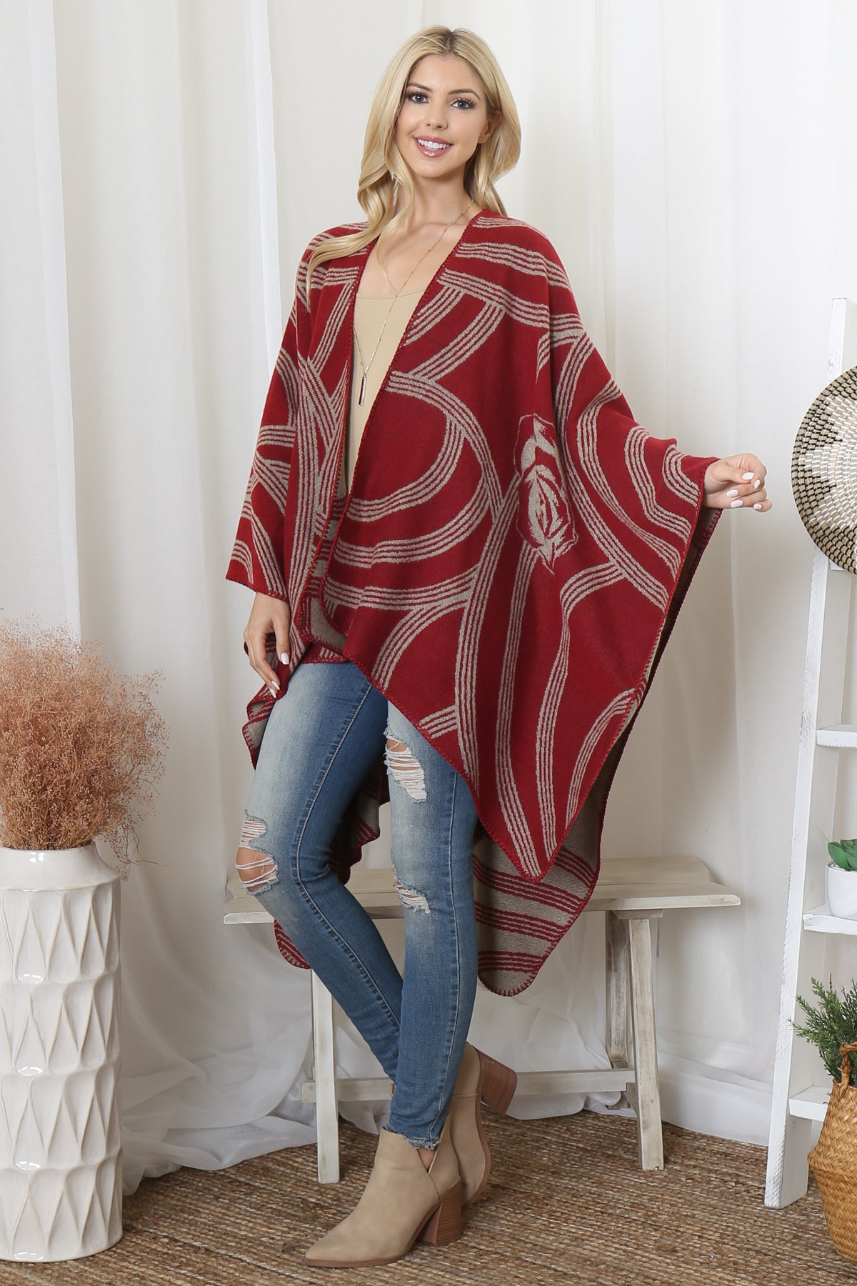 FLOWER GEOMETRIC PRINT OPEN FRONT KIMONO