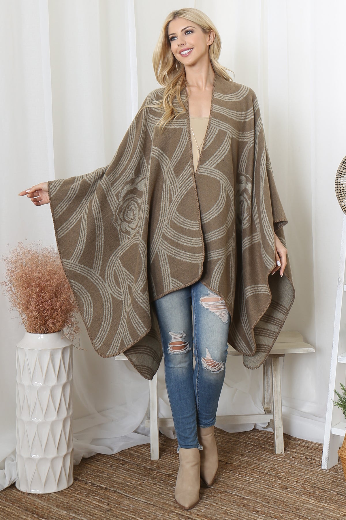 FLOWER GEOMETRIC PRINT OPEN FRONT KIMONO