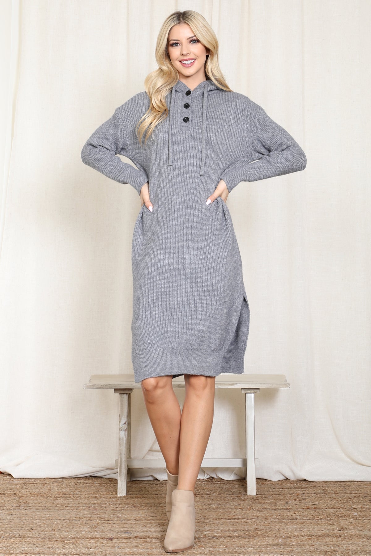 HOODED LONG SLEEVE TUNIC DRESS WITH SLIT