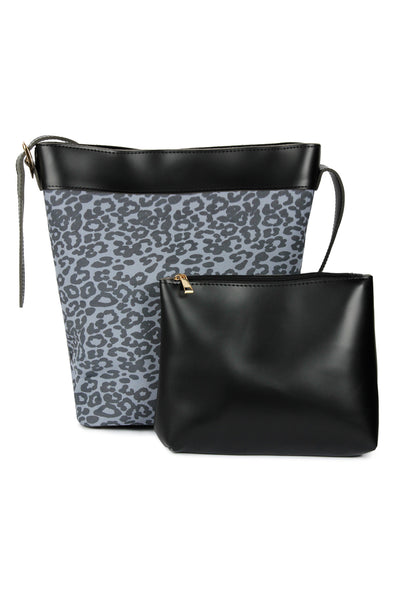 BLACK LEOPARD LEATHER BAG WITH POUCH