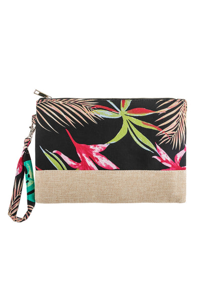 BLACK BOTANICAL PRINTED WRISTLET BAG