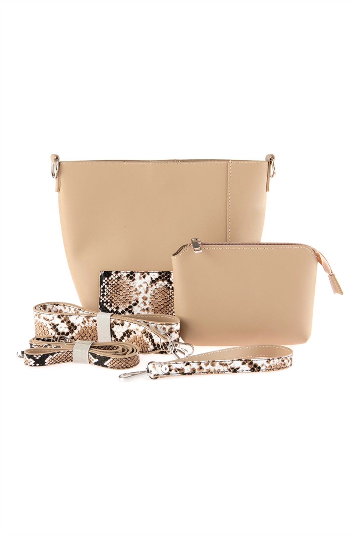 HDG2735BE BEIGE LEATHER SHOULDER BAG WITH SNAKE SKIN PRINTED DETACHABLE STRAP/3PCS