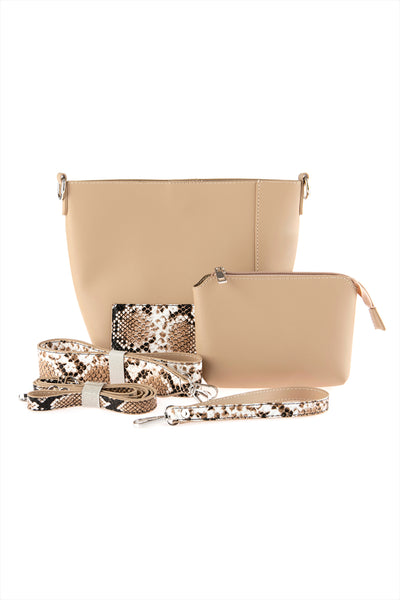 HDG2735BE BEIGE LEATHER SHOULDER BAG WITH SNAKE SKIN PRINTED DETACHABLE STRAP/3PCS
