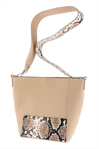 HDG2735BE BEIGE LEATHER SHOULDER BAG WITH SNAKE SKIN PRINTED DETACHABLE STRAP/3PCS