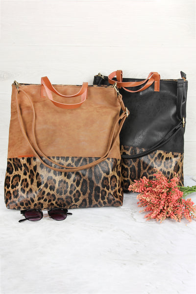 LEATHER WITH LEOPARD PRINT TOTE BAG/6PCS