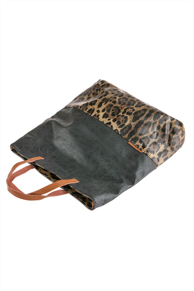 LEATHER WITH LEOPARD PRINT TOTE BAG/6PCS