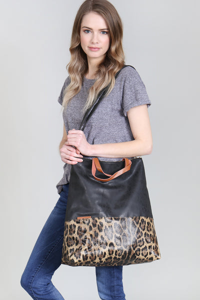LEATHER WITH LEOPARD PRINT TOTE BAG/6PCS