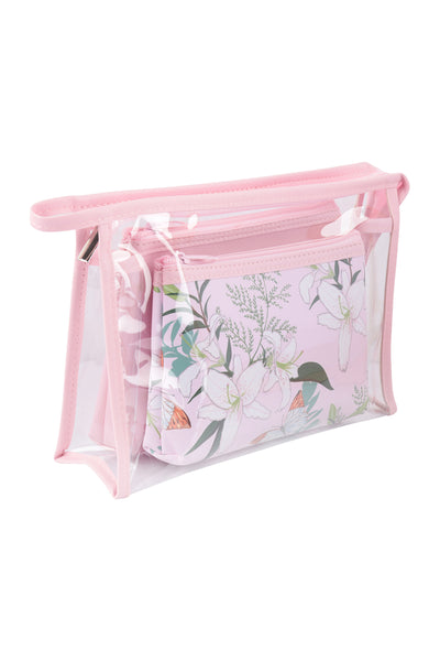 3 SET CLEAR, SOLID COLOR, FLORAL PRINT POUCH COSMETIC BAG
