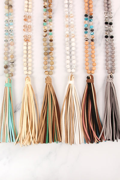 COLORFUL NATURAL STONE AND GLASS BEADS WITH TASSEL NECKLACE