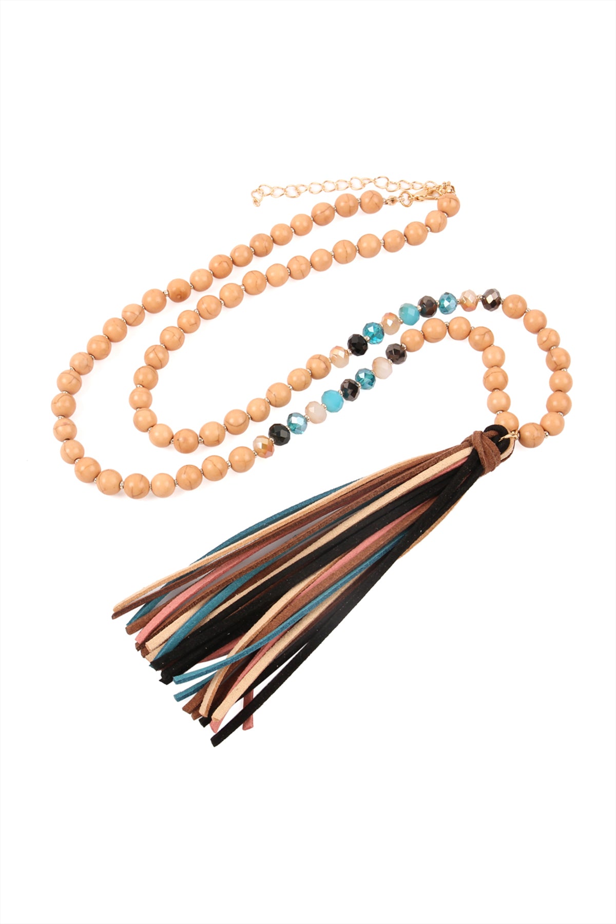 COLORFUL NATURAL STONE AND GLASS BEADS WITH TASSEL NECKLACE