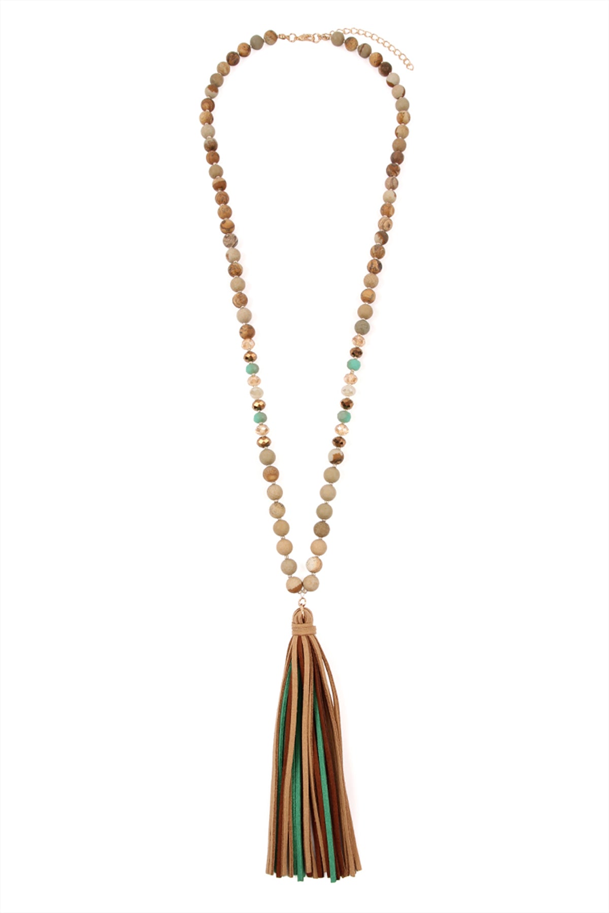 COLORFUL NATURAL STONE AND GLASS BEADS WITH TASSEL NECKLACE