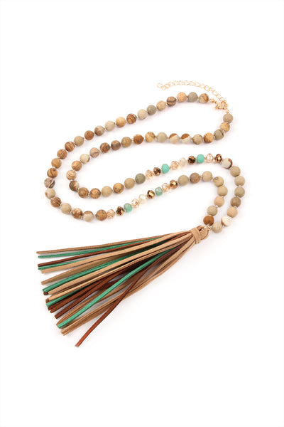 COLORFUL NATURAL STONE AND GLASS BEADS WITH TASSEL NECKLACE